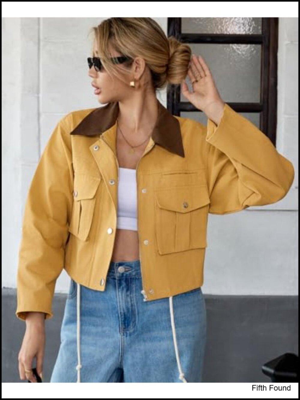 Cropped Cotton Utility Jacket with Contrast Collar Button Down Lightweight - Picture 4 of 6